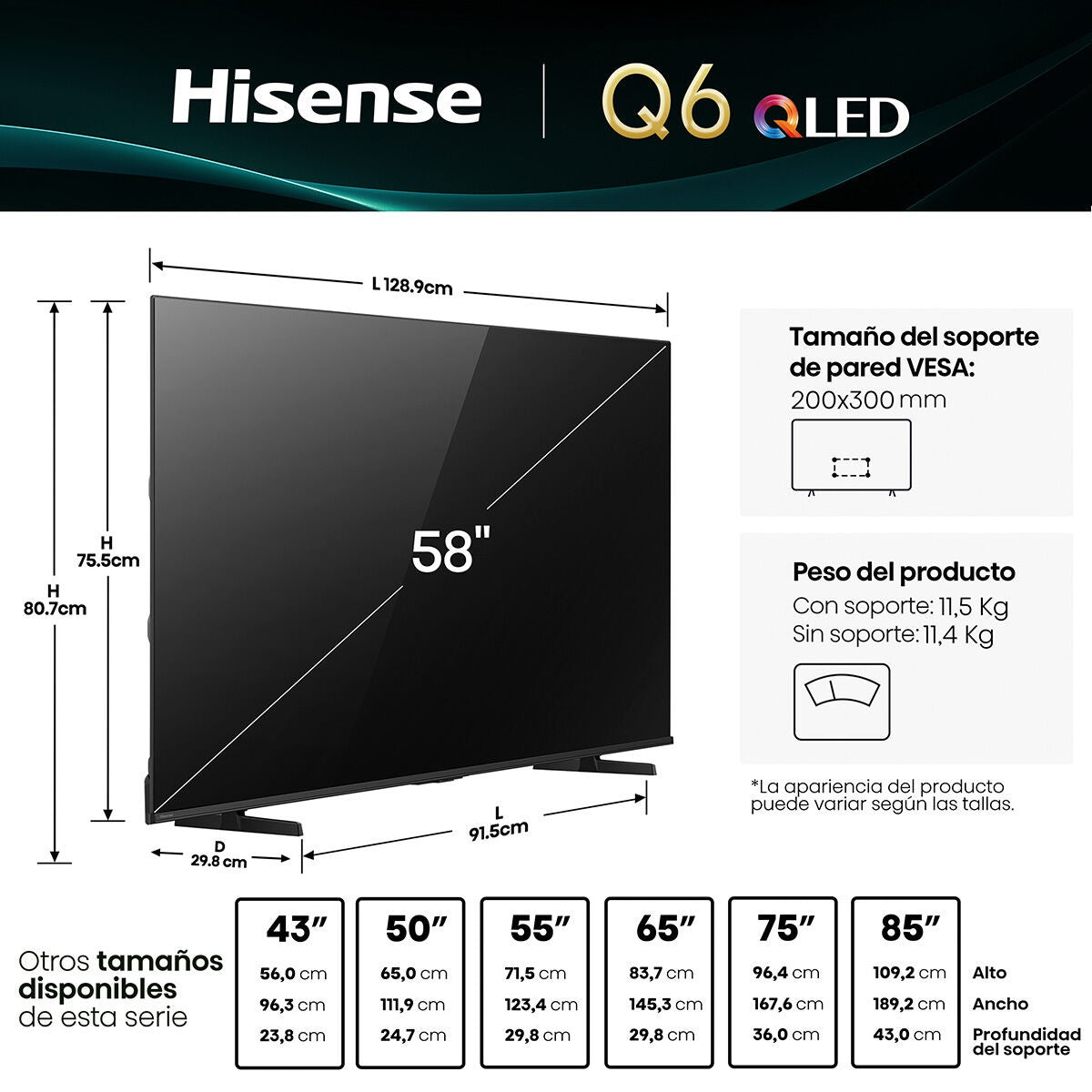 Smart TV Hisense 58Q6QV 58” QLED 4K UHD - Caja Reciclada