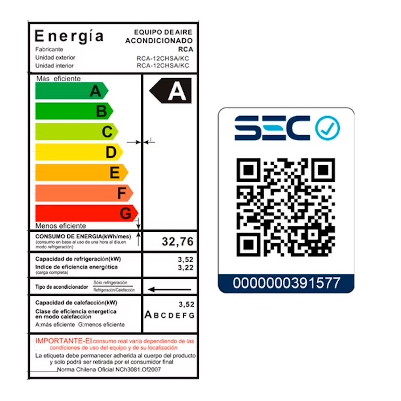 Aire Acondicionado RCA 12CHSA KC 12000 BTU Frío Calor Split