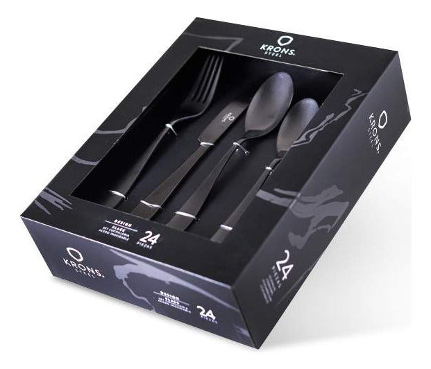 Set De Cubiertos X24 Piezas Black Krons Acero Inox Elegante