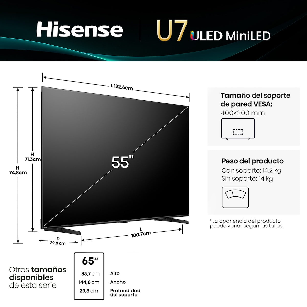 Televisor Hisense 55U7QG 55" Mini LED 144Hz - Open Box