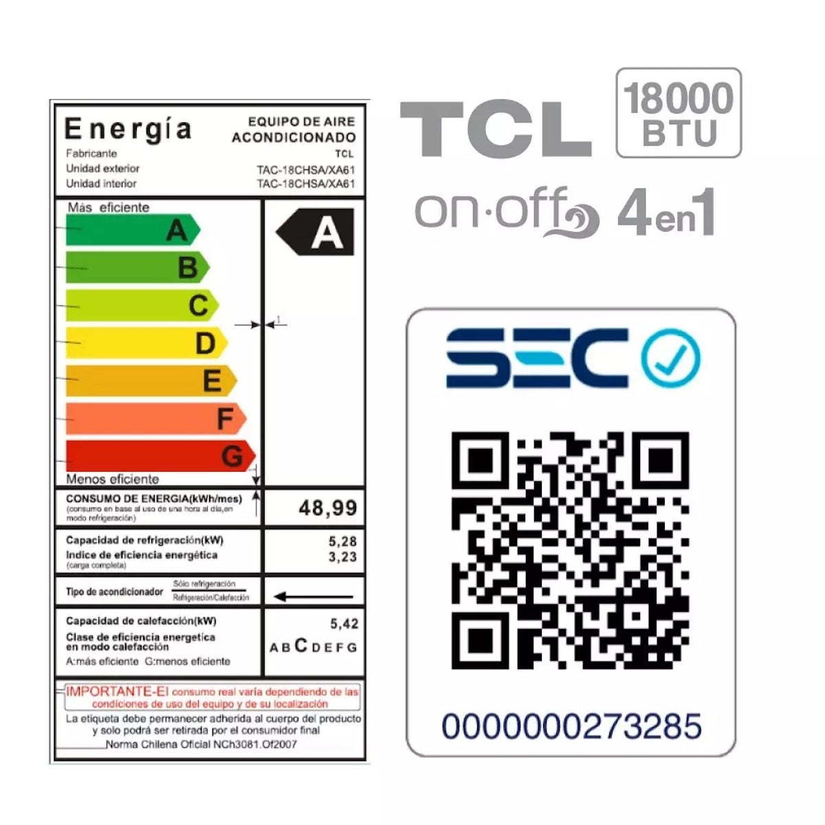 Aire Acondicionado TCL TAC-18CHSA-XA61 18.000 BTU Inverter