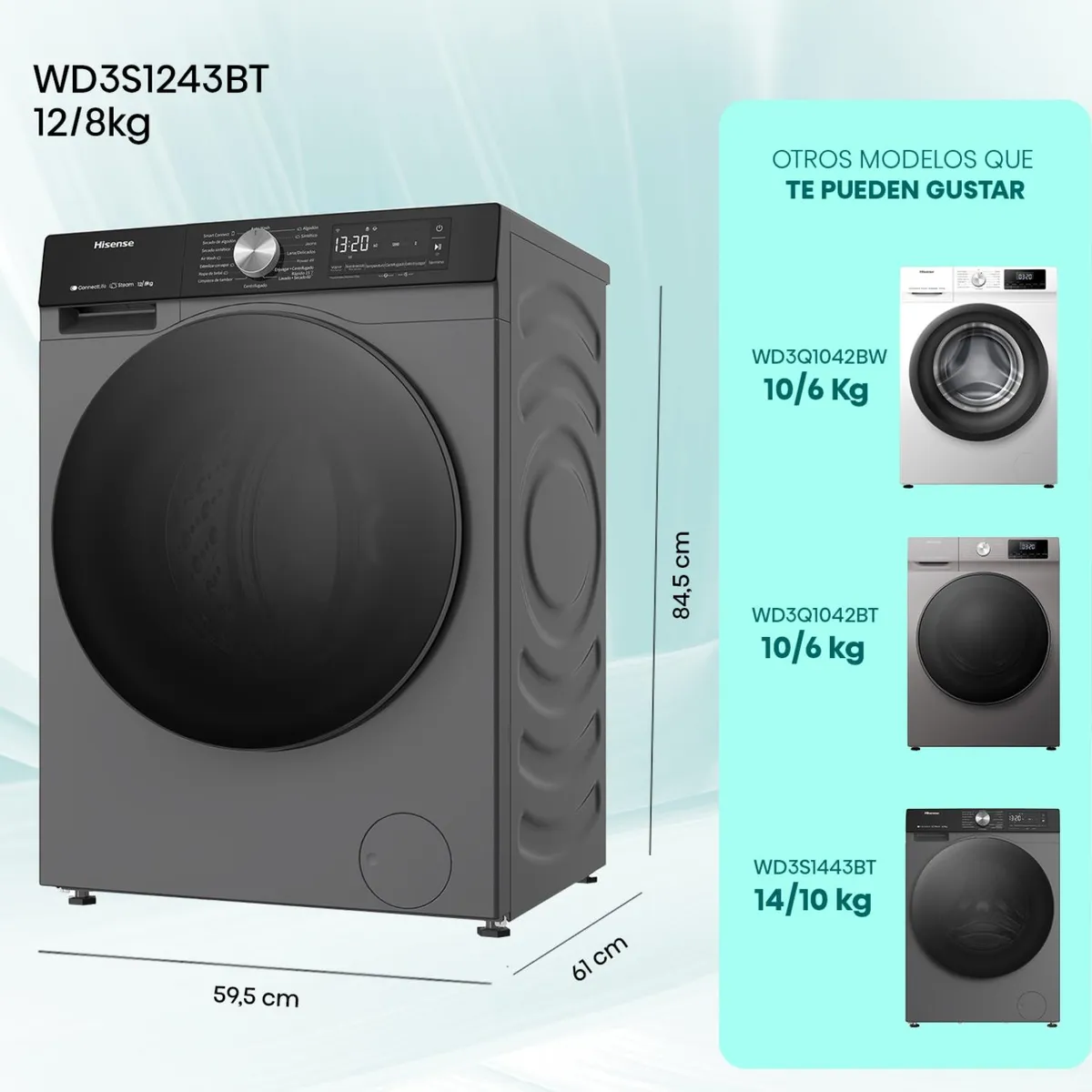 Lavadora Secadora Hisense WD3S1243BT 12 kg/7kg Negro Frontal