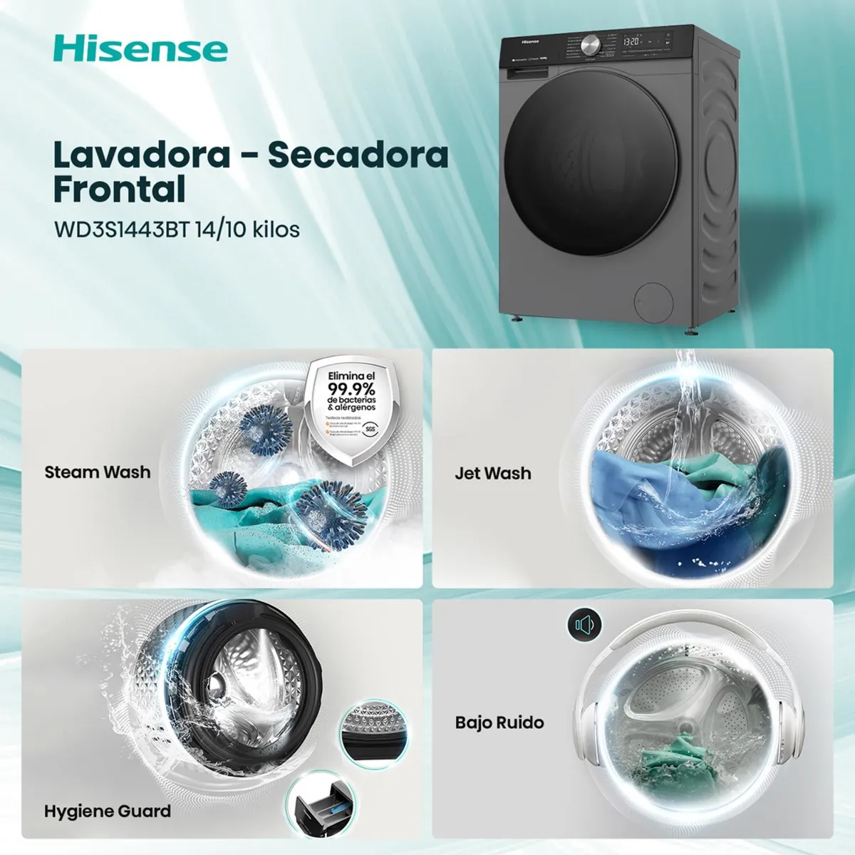 Lavadora Secadora Hisense WD3S1443BT 14kg/9kg Negro frontal