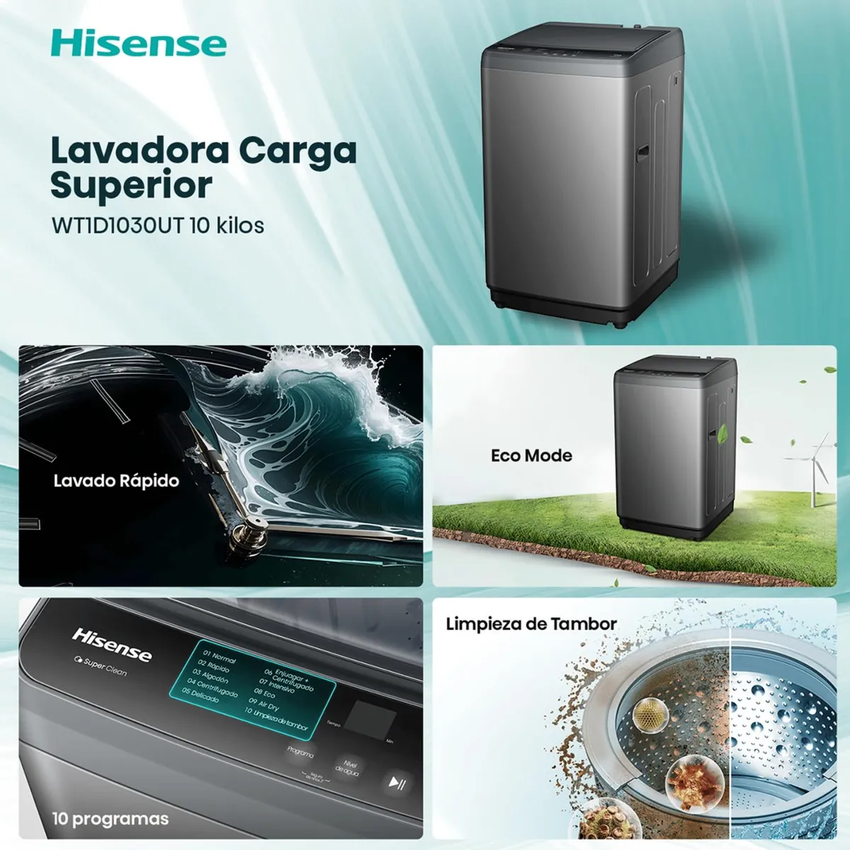 Lavadora Hisense WT1D1030UT 10 kg Titanium Carga Superior